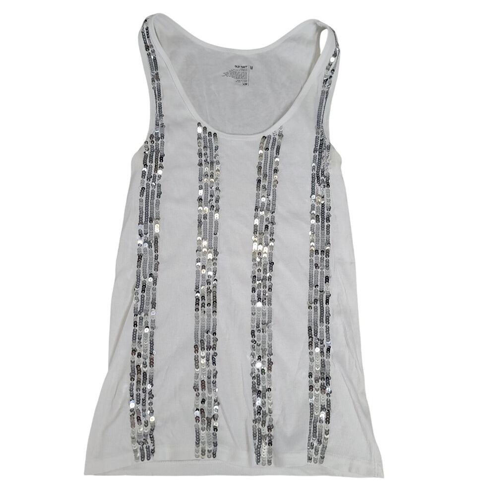 Old Navy women's sequins tank top white silver party festival concert Sz Medium